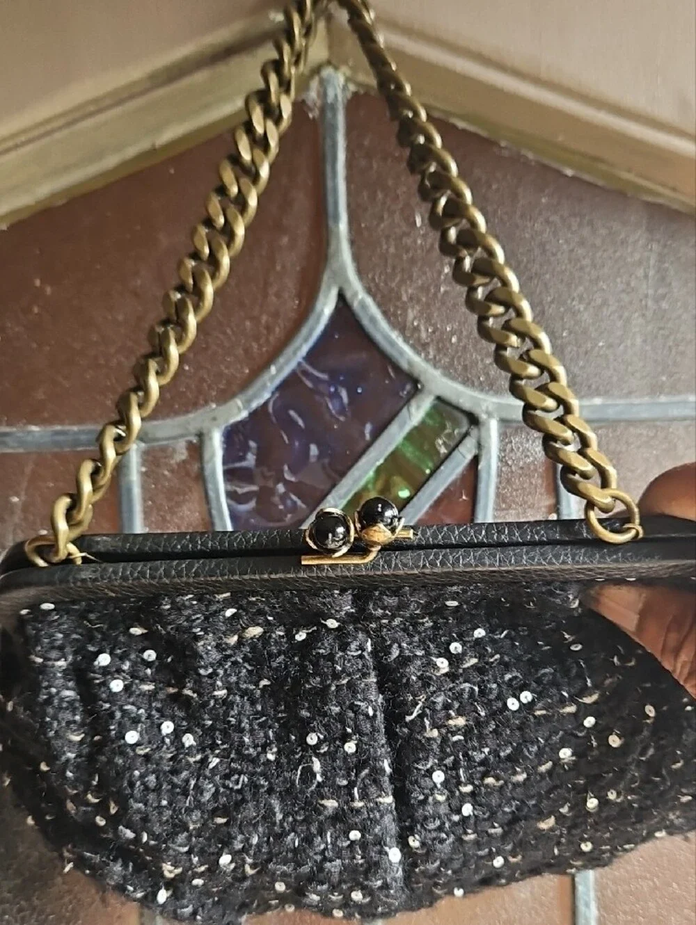 J. Crew Black Sequin Tweed Clutch with Burnished Chunky Gold Chain